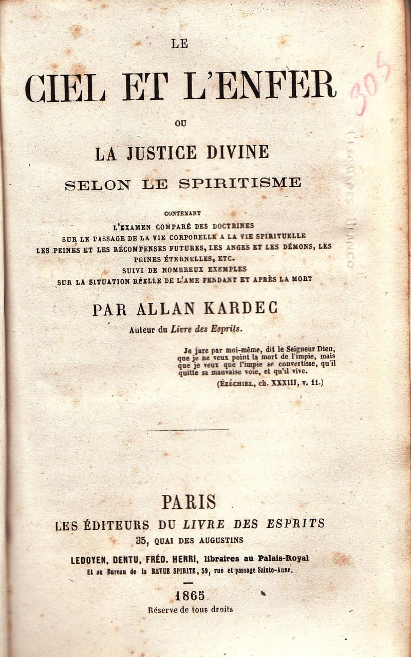 Historický francouzský titulní list Le Ciel et l’Enfer od Allana Kardeca